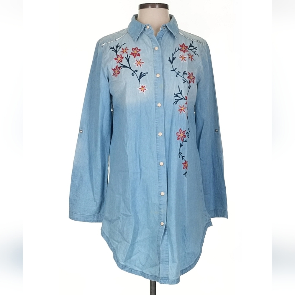 Tasha Polozzi Embroidered Denim Tunic Shirt with Floral Embroidery Sz Small